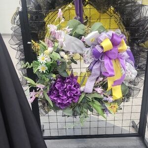 Purple & Yellow Spring Floral Wreath with Bow